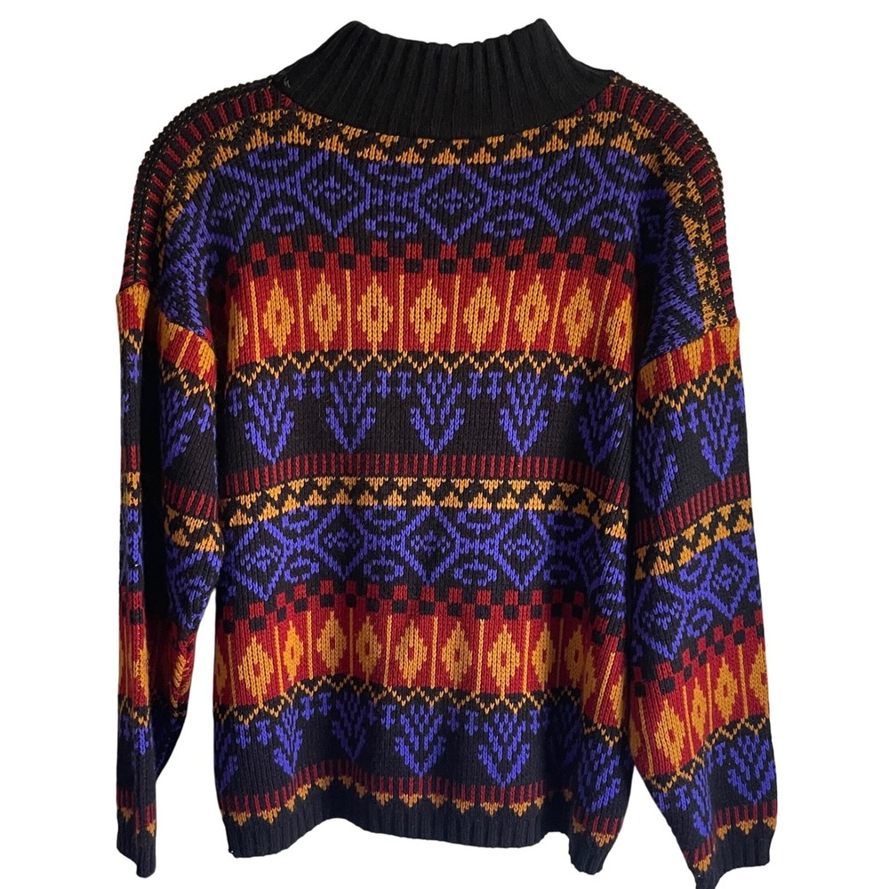VTG Croquet USA Knit Sweater Medium Aztec Fair Isle Boho Ski 80s Bright, classic